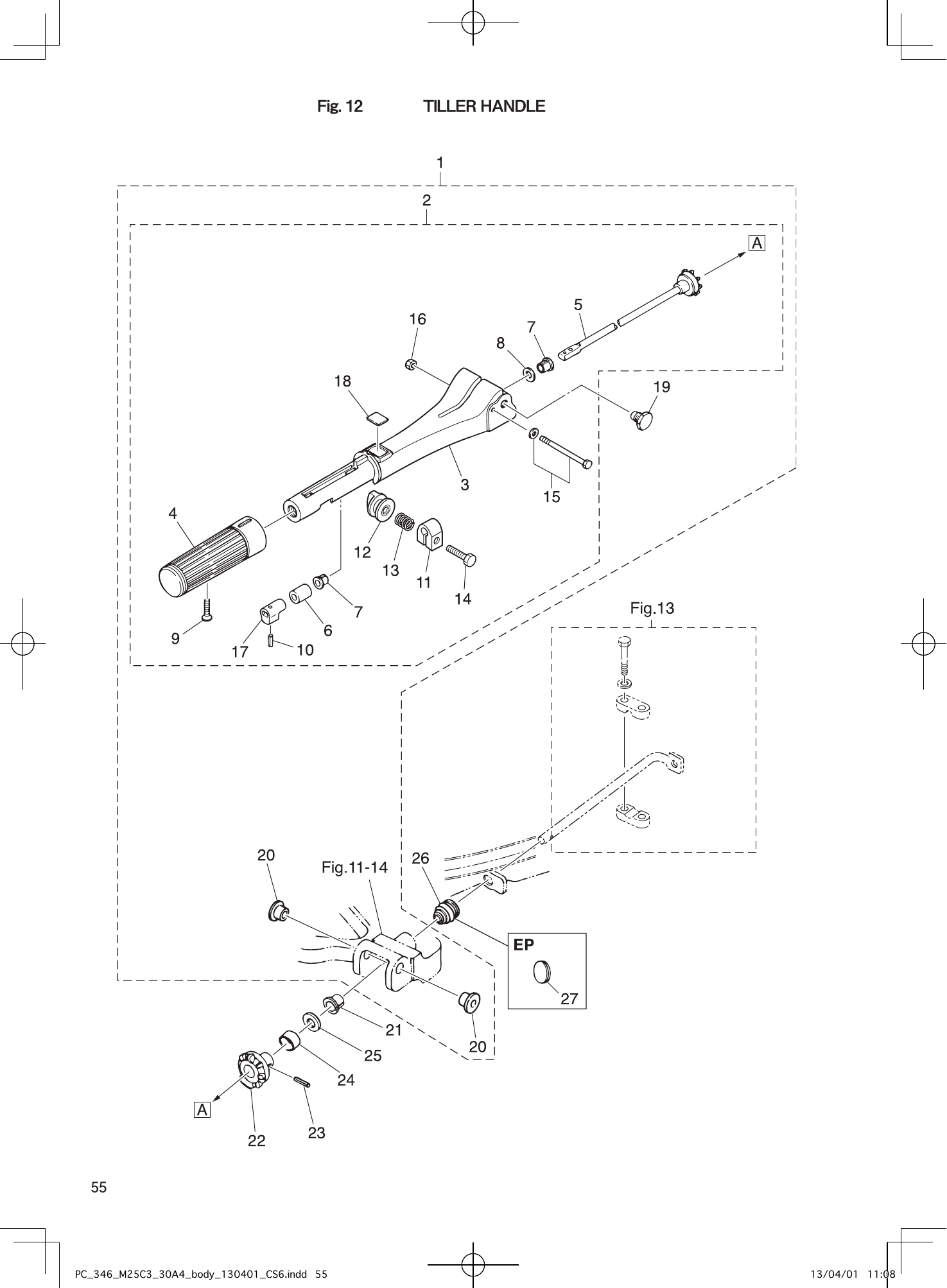 Tohatsu MX25H, M25H, M30H, MX30H, 25JET TILLER HANDLE parts diagram